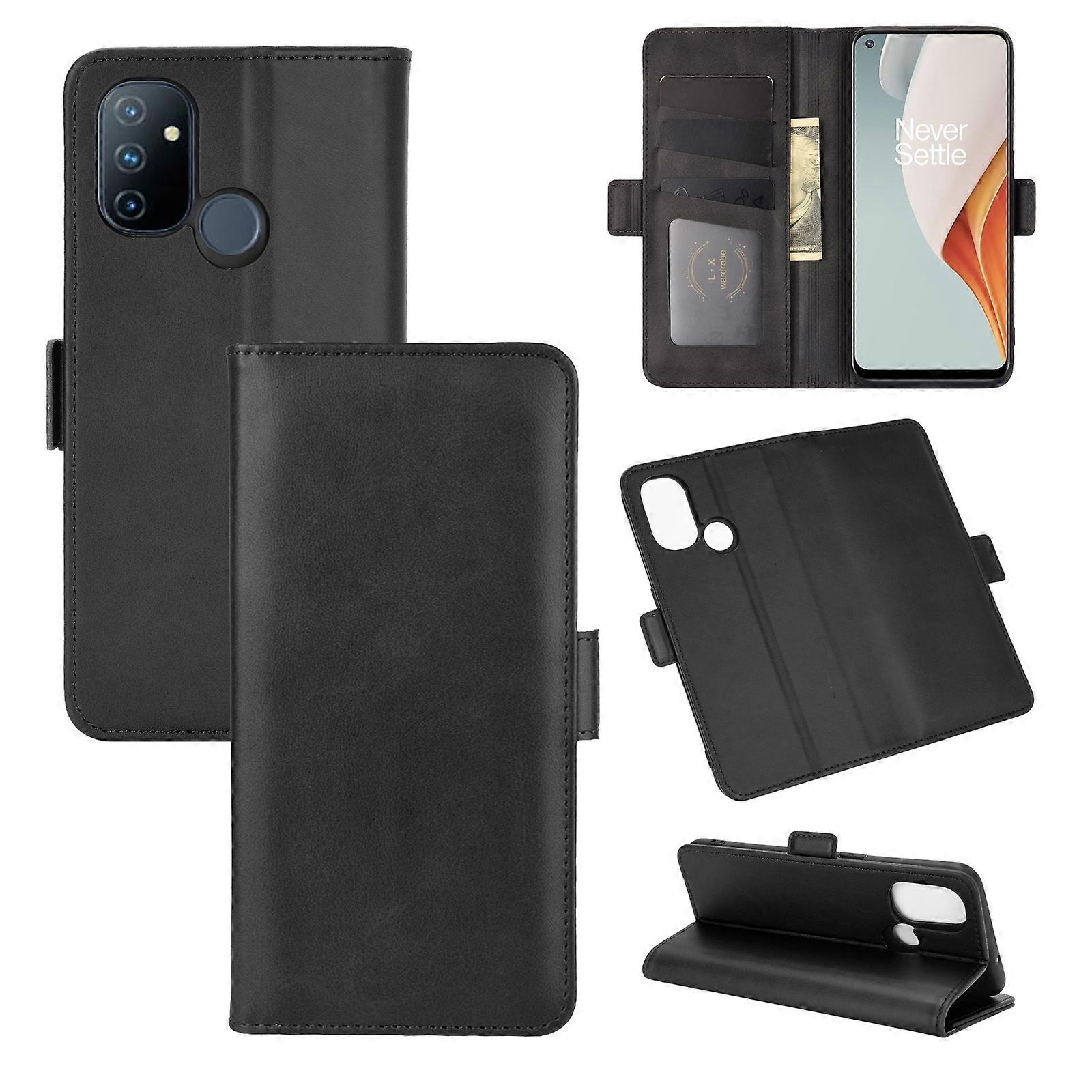 Do OnePlus Nord N100 Dwustronna klamra magnetyczna Poziome skórzane etui z klapką z uchwytem i miejscami na karty oraz portfelem Czarny