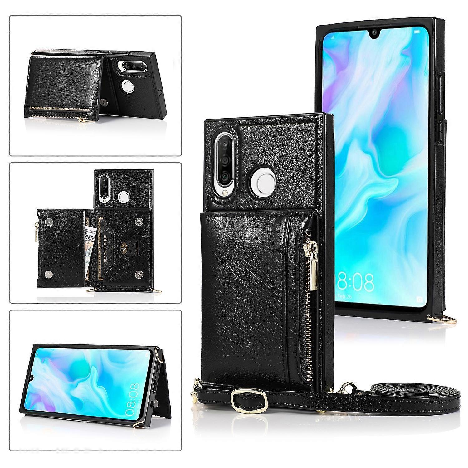 Do Huawei P30 Lite Kwadratowa torba z portfelem na zamek TPU + PU Tylna okładka z uchwytem i miejscami na karty oraz portfelem i paskiem na ramię