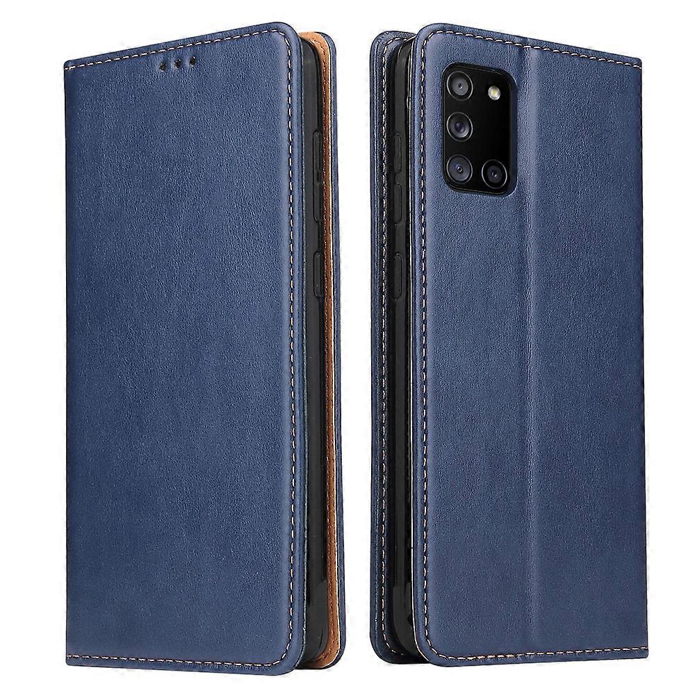 Dla Samsung Galaxy A31 Fierre Shann PU Leather Texture Poziome skórzane etui z klapką z uchwytem i miejscami na karty oraz portfelem Niebieski