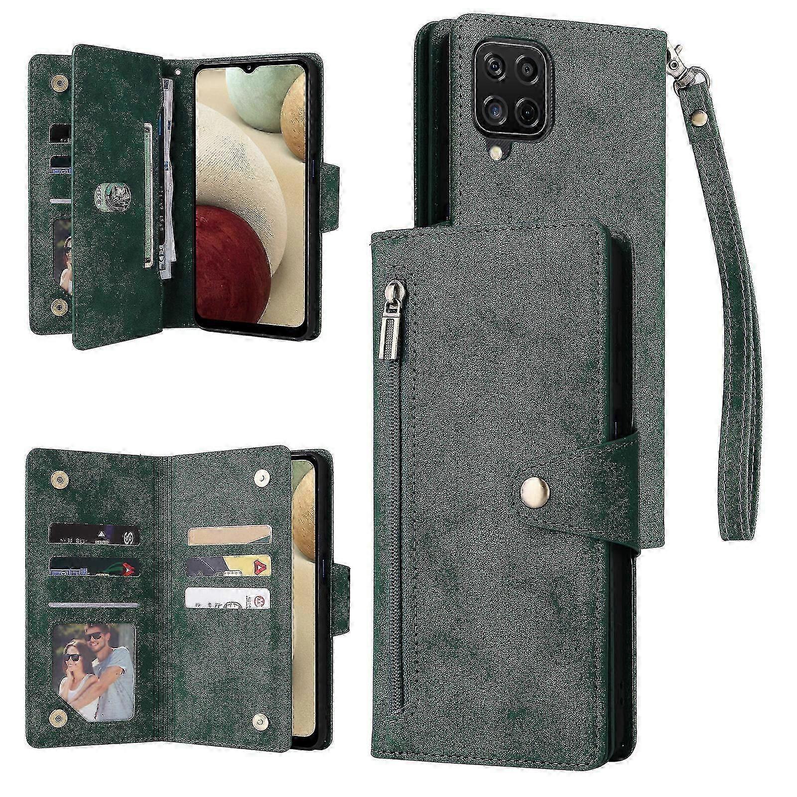 Etui z portfelem ze skóry PU do Samsung Galaxy A12 - magnetyczne etui z klapką z zamkiem błyskawicznym i uchwytem na karty Zielony