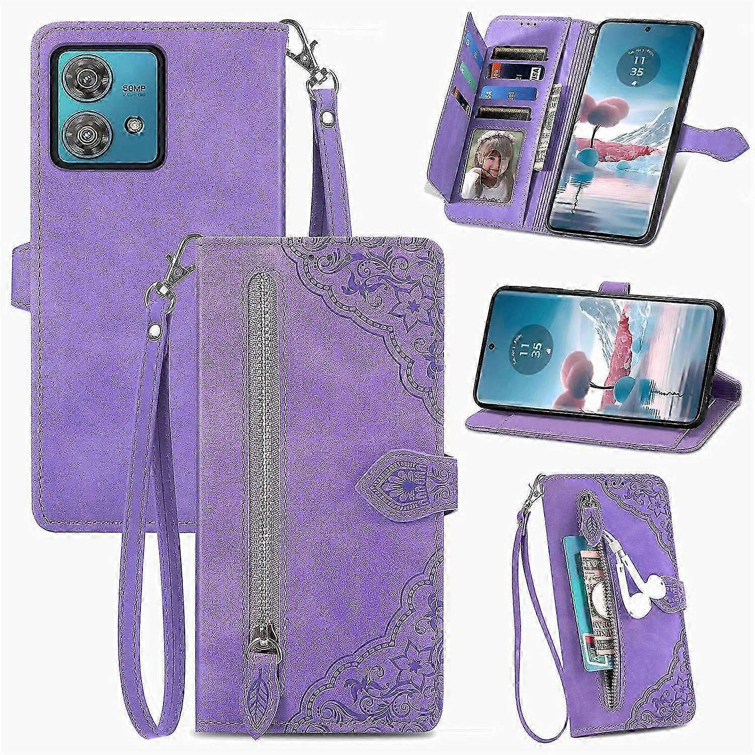 Do etui Motorola Edge 40 Neo 5G Portfel na zamek błyskawiczny Skórzany pokrowiec na telefon z nadrukiem kwiatowym Wielobarwny Style D