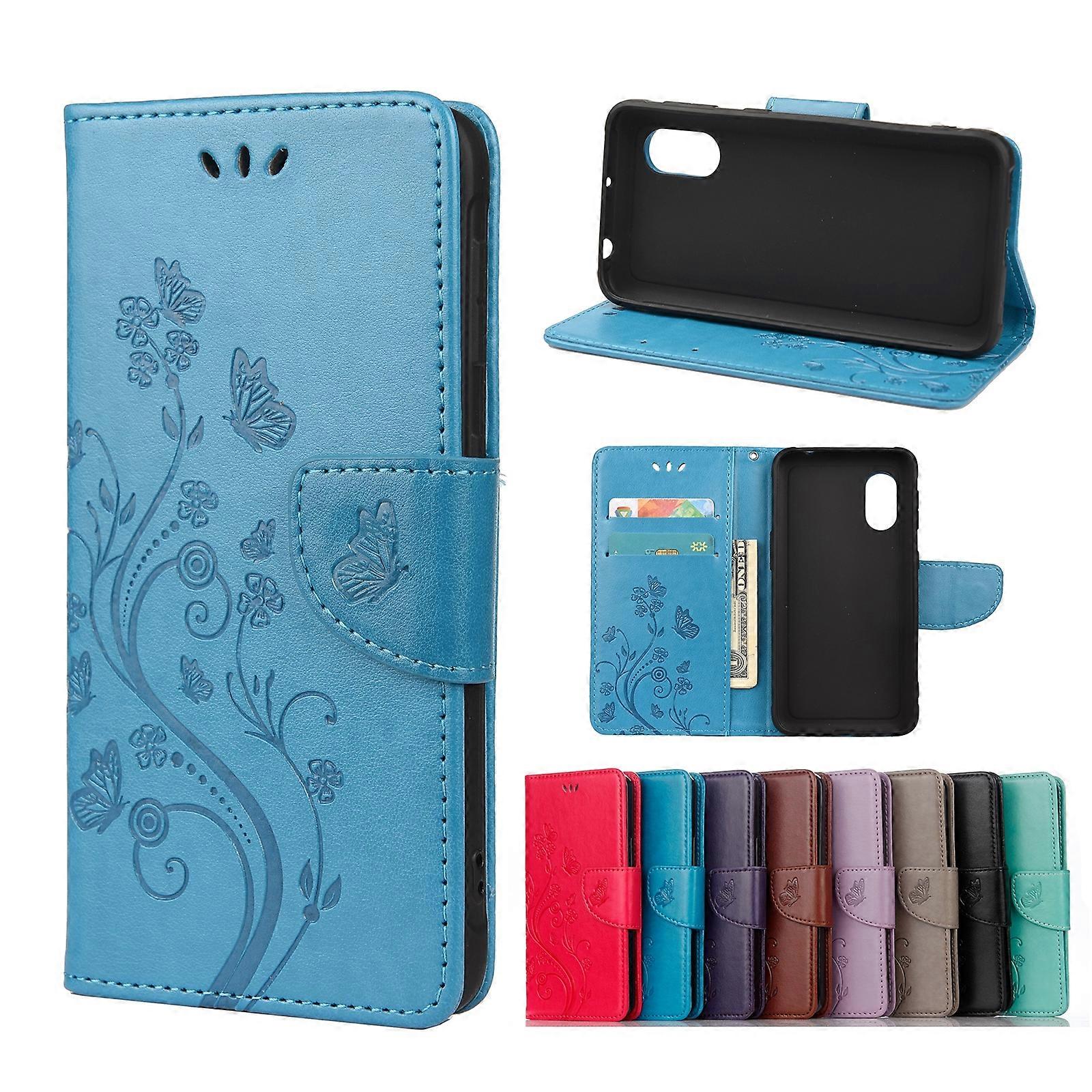 Dla Samsung Galaxy Xcover 5 Butterfly Flower Pattern Poziome skórzane etui z klapką z uchwytem i miejscami na karty oraz portfelem Niebieski