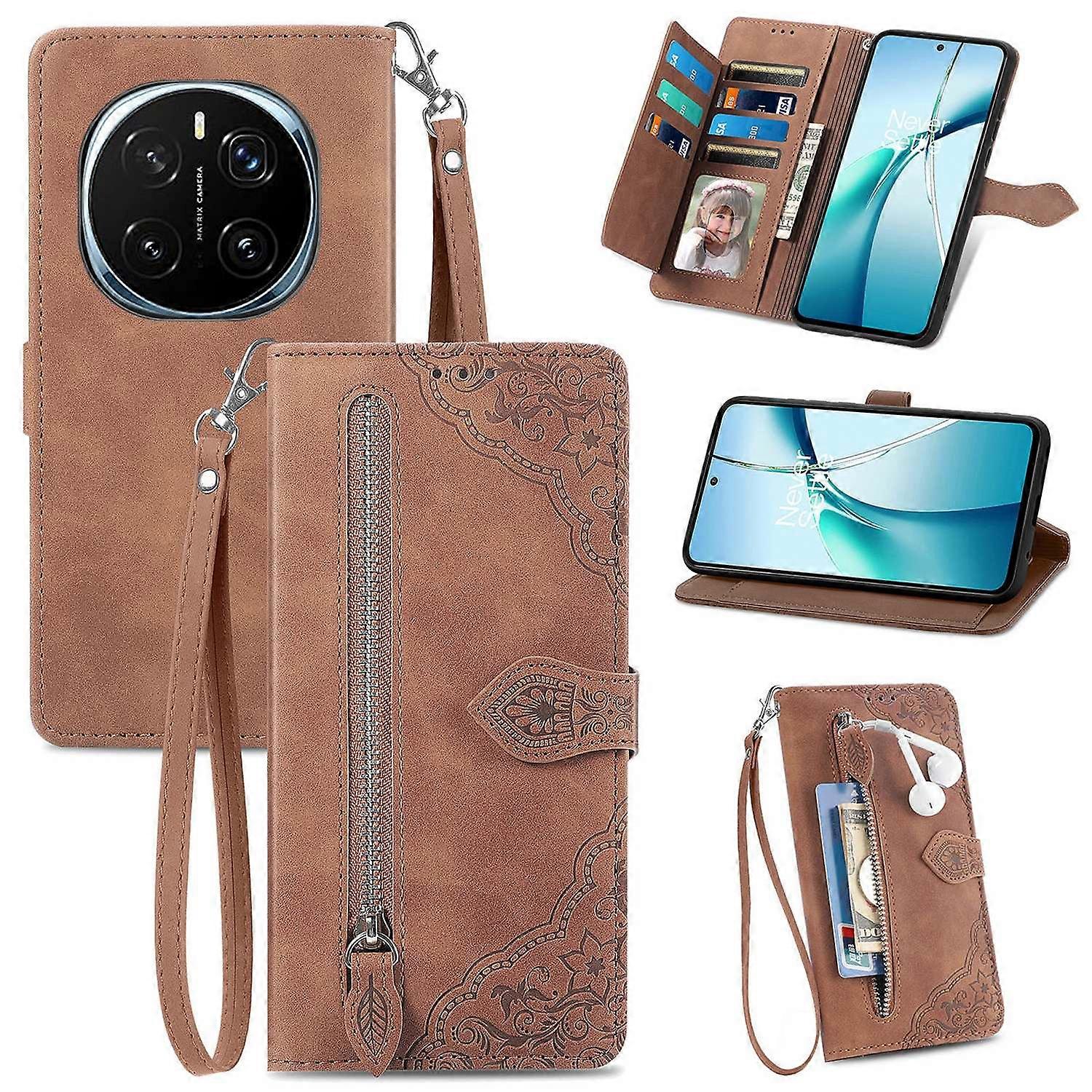 For Honor Magic7 5G Etui Portfel Na Zamek Kwiatowy Nadruk Pokrowiec Na Telefon Ze Skóry PU - Brązowy Wielobarwny Brown