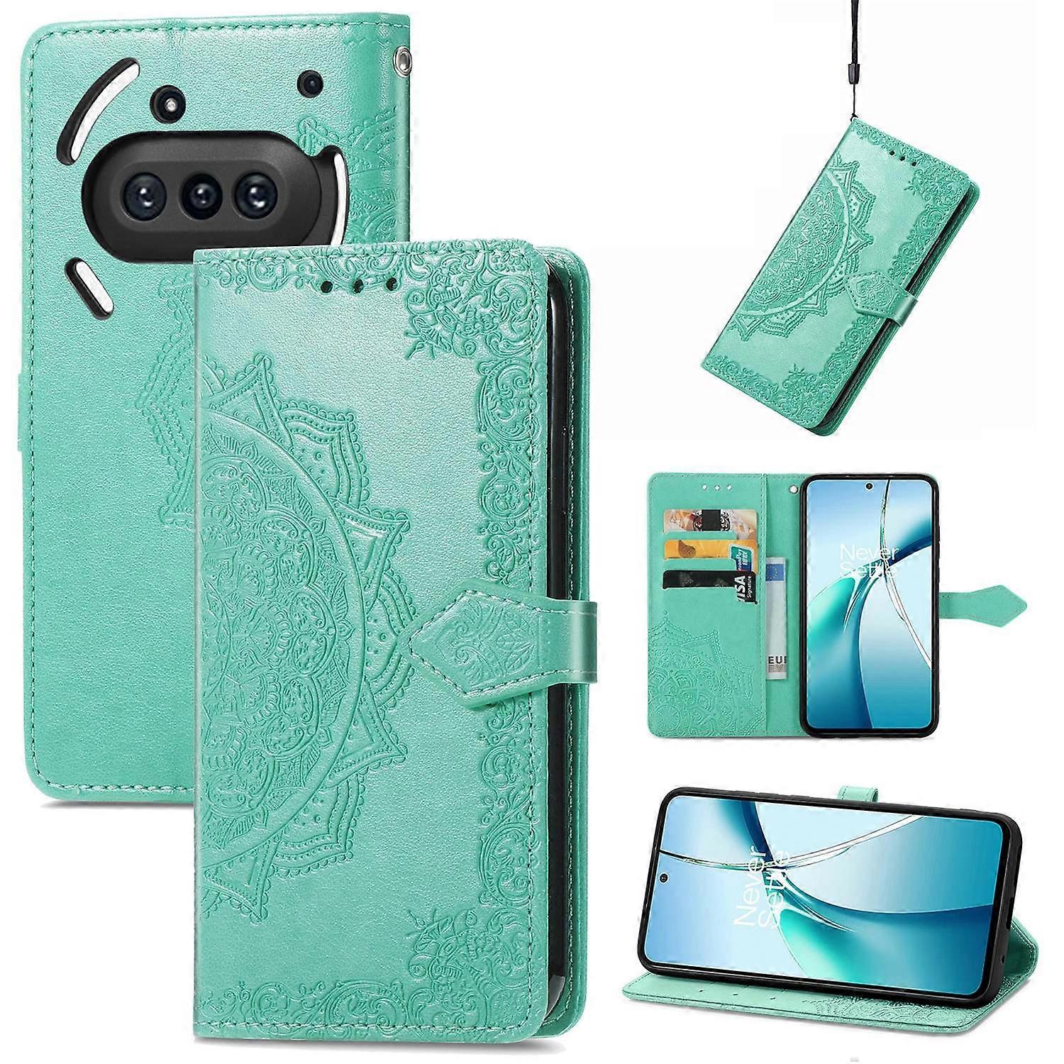 Na Nic Telefon (3a) Etui z Portfelem Kwiat Mandali Skórzany Pokrowiec Na Telefon Podstawka - Zielony Wielobarwny Green