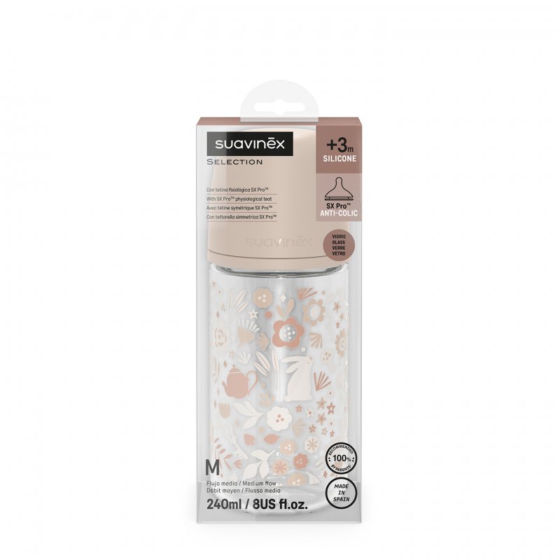 SUAVINEX BUTELKA SZKLANA SX PRO ŚREDNI PRZEPŁYW WONDERLAND 240ML RÓŻOWA LIBERTY
