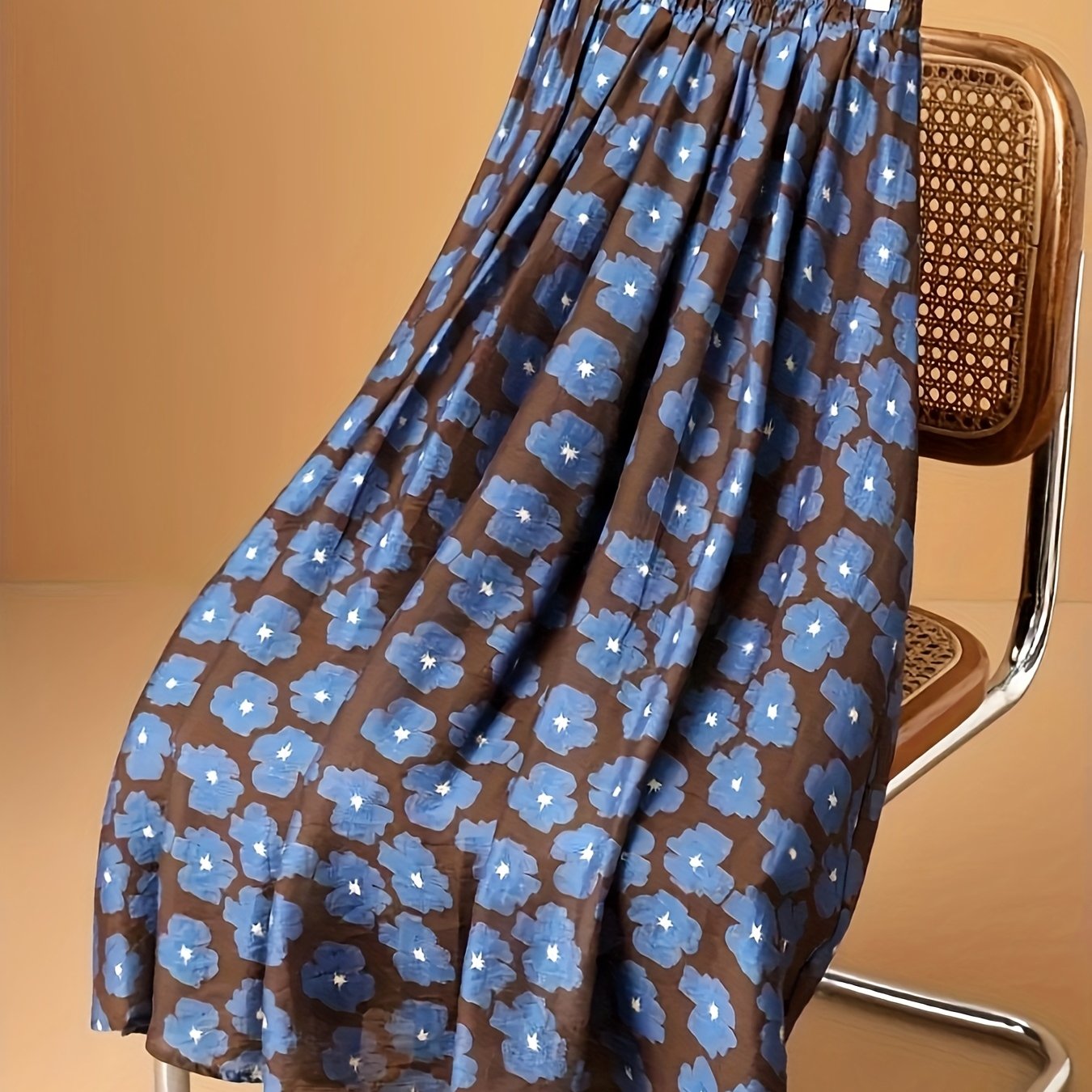 TEMU Spódnica Midi w Kształcie Litery A dla Kobiet - Wysoki Stan z Rozszerzanym Dołem i Niebieskim Kwiatowym Nadrukiem na Ciemnobrązowej, Od