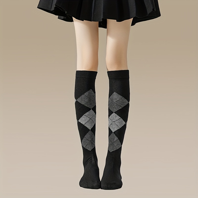 TEMU 1 Para Damskich Skarpetek Z Wzorem W Kratkę - 95% Poliester 5% Elastan, Tkanina Dzianinowa, 200g/m², Można Prać Ręcznie - Ciepłe Skarpetki Na