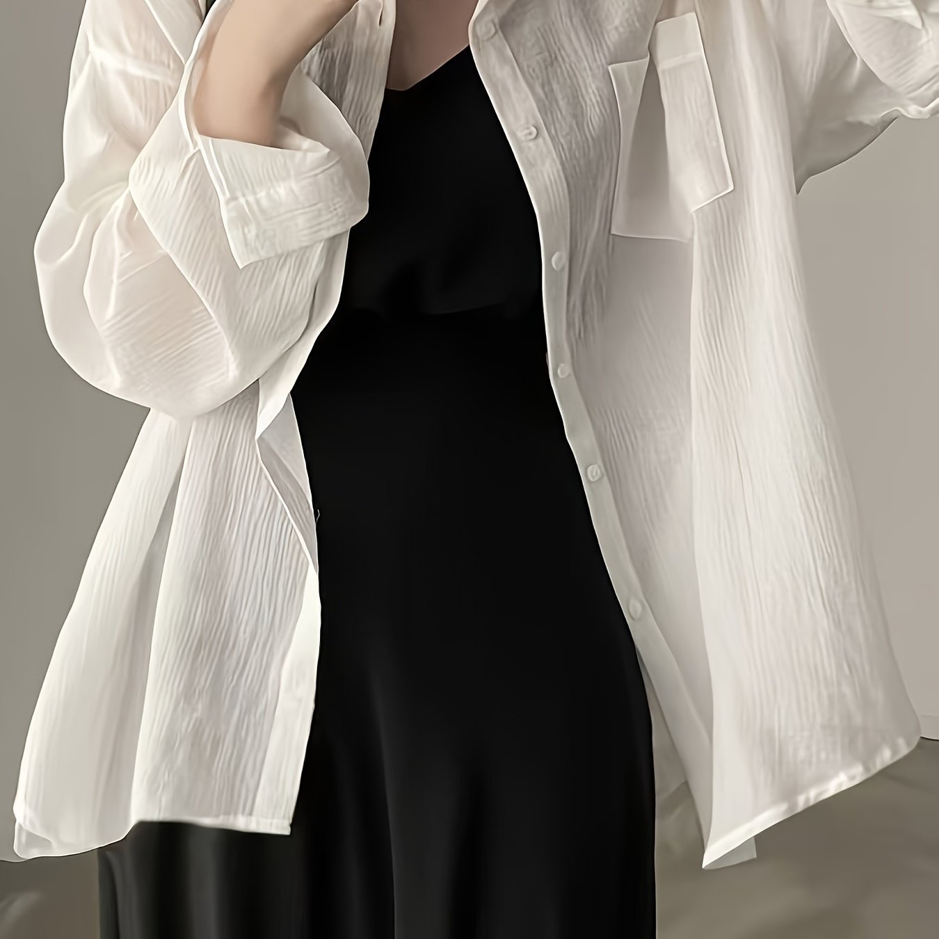 TEMU Biała koszula w stylu kurtki z długim rękawem, zaprojektowana z myślą o konkretnym kierunku