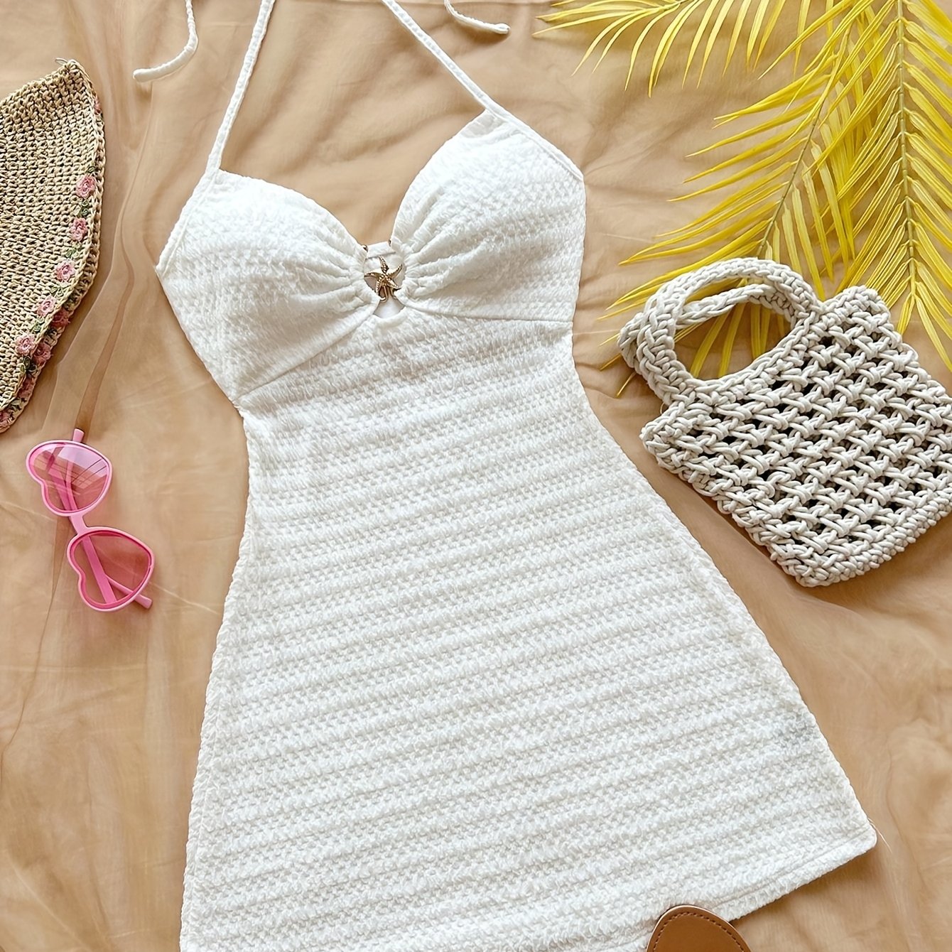 TEMU Dziewczęca sukienka letnia w stylu boho z dekoltem w szpic, metalowym dekoracją gwiazdki morskiej, mini spódnicą z tyłu - idealna na wakacje,