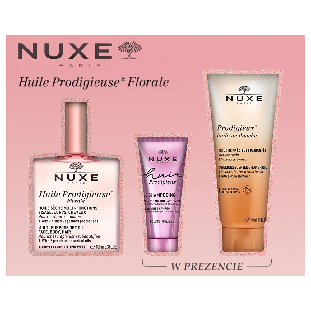 Zestaw Nuxe Huile Prodigieuse Florale, suchy olejek, 100 ml + szampon, 30 ml + olejek pod prysznic, 100 ml