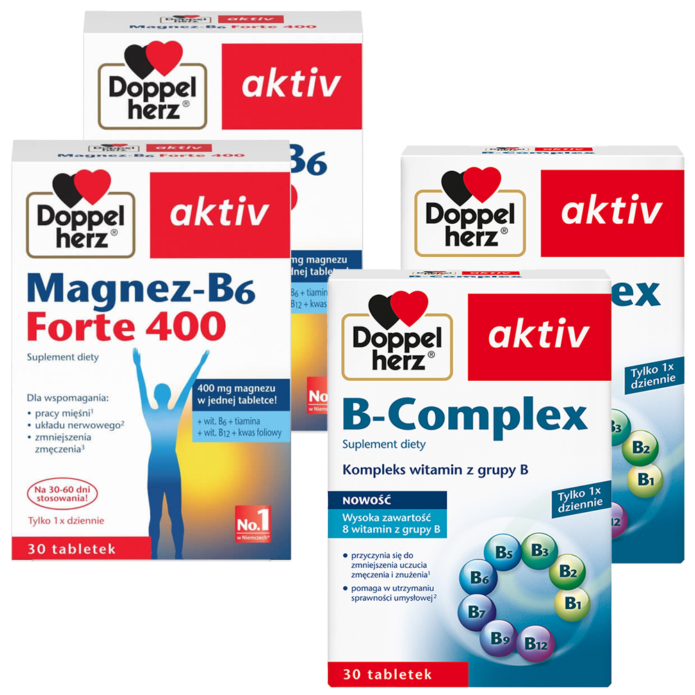 Zestaw Doppelherz aktiv Magnez-B6 Forte 400, 2 x 30 tabletek + B-Complex, 2 x 30 tabletek