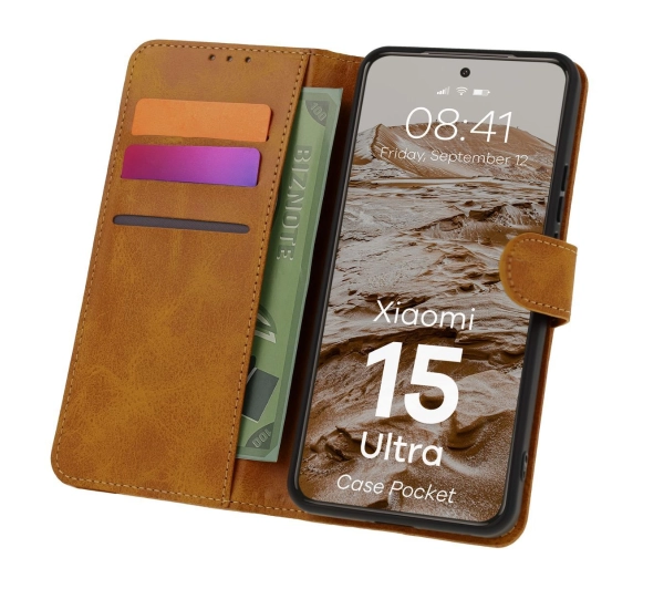 Bizon z klapką Pocket do Xiaomi 15 Ultra Brązowy