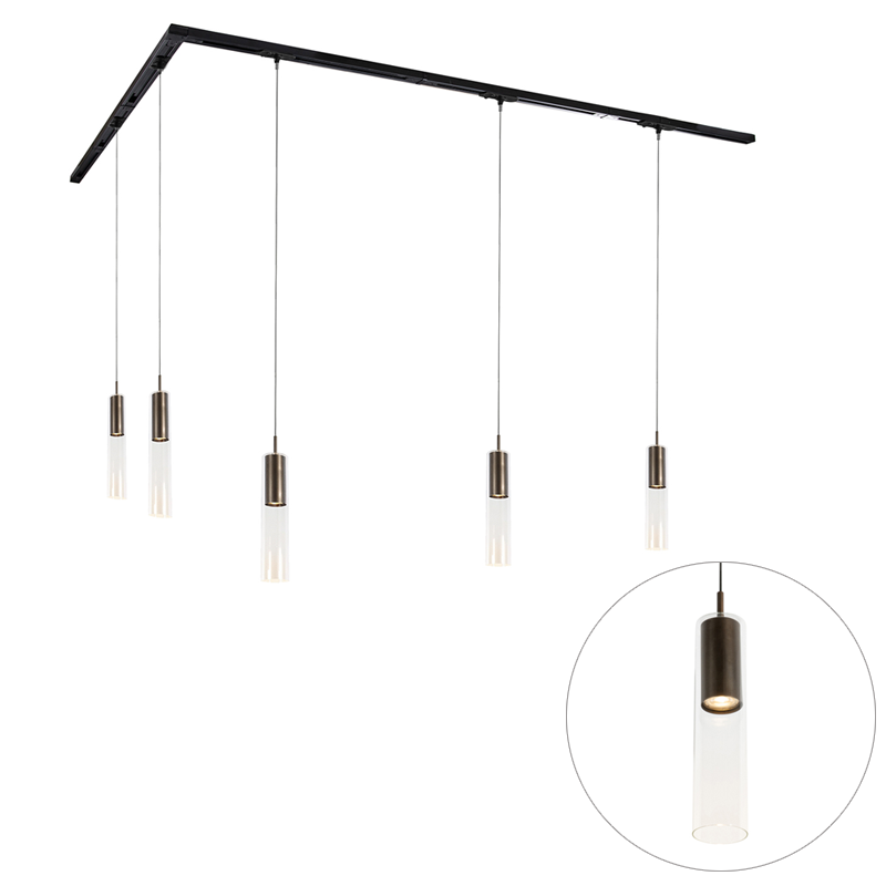 QAZQA Nowoczesny system szynowy z 5 lampami wiszącymi, ciemny brąz, 1-fazowy - Iconic Lloyd