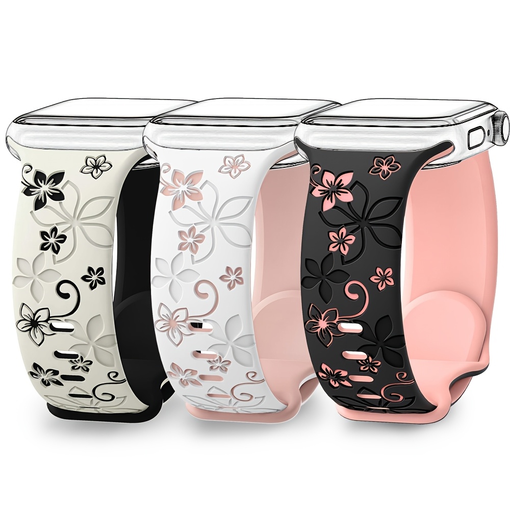 TEMU 3 szt. Rzeźbiony Pasek z Kwiatami do Apple Watch 40mm 38mm 41mm 44mm 45mm 46mm 49mm, Miękkie Bransoletki dla Pań iWatch Seria 10/11 42mm 9 7 6 5