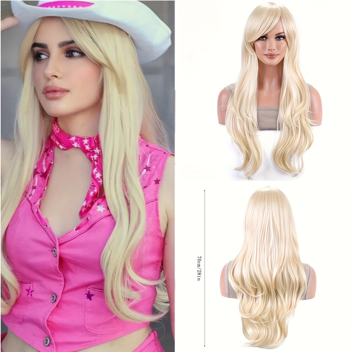 TEMU Syntetyczna peruka złotej blond włosów z bokiem - średnia długość falowanej, odporna na ciepło włókno dla kobiet do codziennego noszenia i