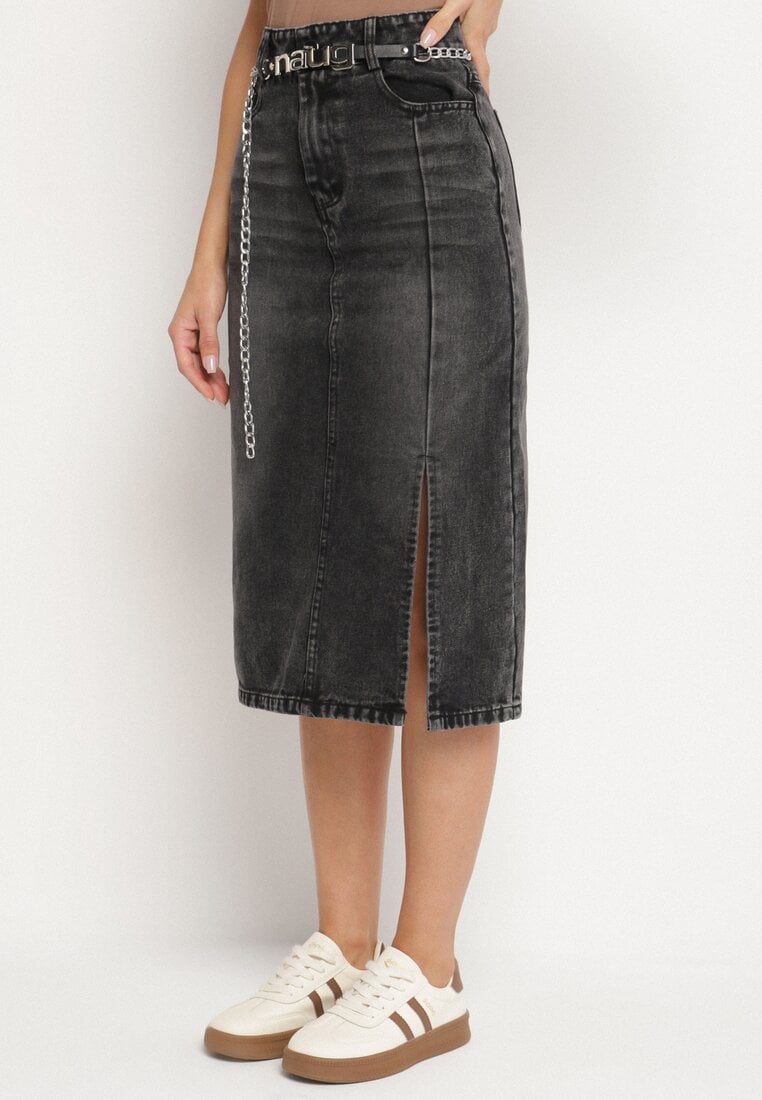 Czarna Bawełniana Spódnica Jeansowa Ozdobiona Łańcuchem Lilisela