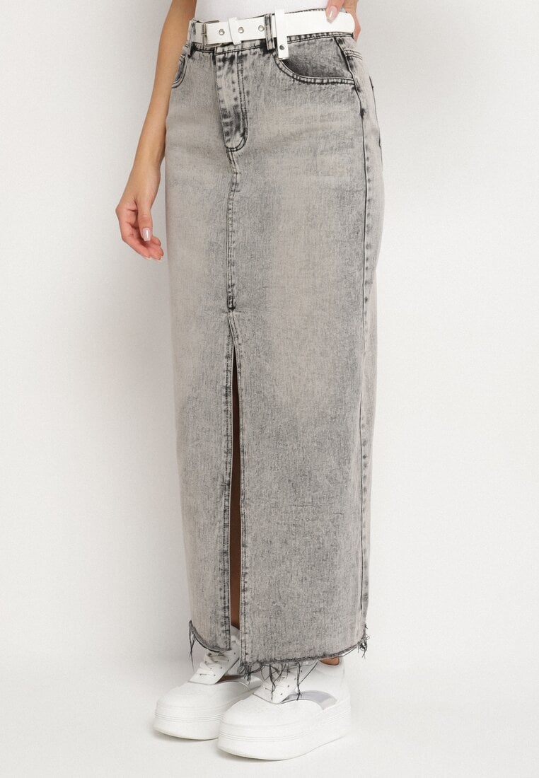 Ciemnoszara Ołówkowa Spódnica Jeansowa z Rozcięciem z Przodu Limirea