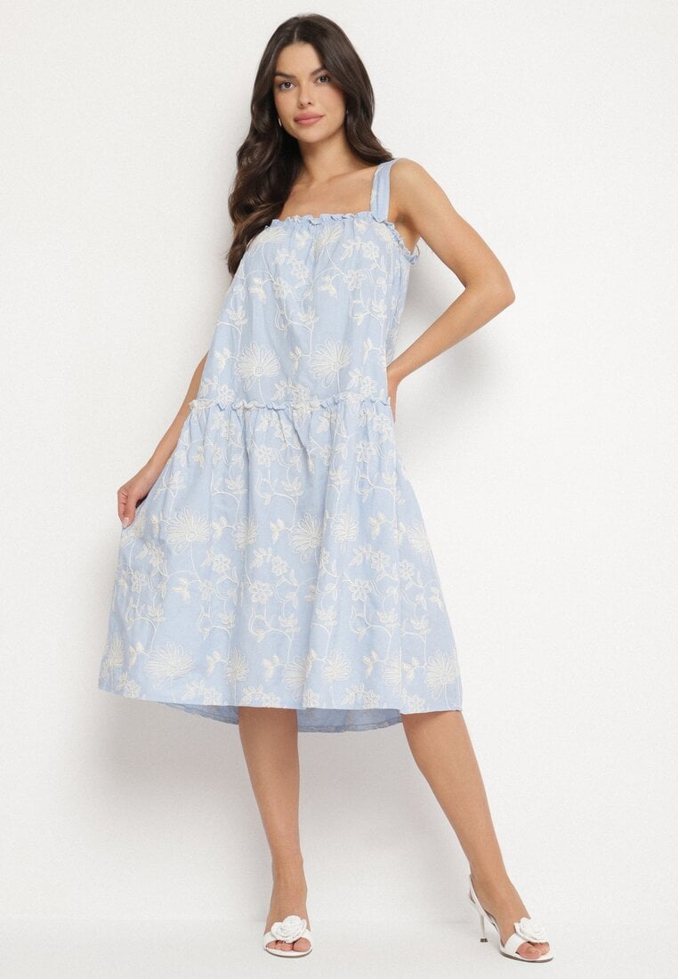 Niebieska Bawełniana Sukienka w Kwiaty Ozdobiona Marszczeniem Lilinoa
