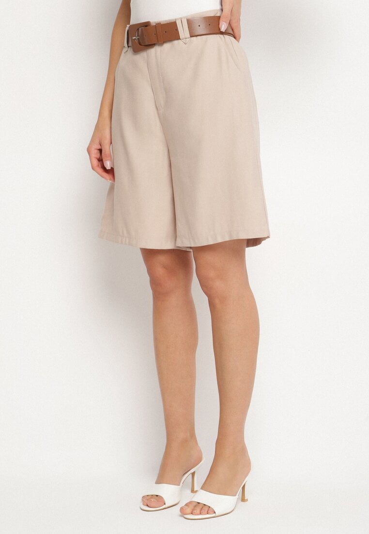 Beżowe Eleganckie Szorty z Wiskozą z Dodatkowym Paskiem z Klamrą Aranielle