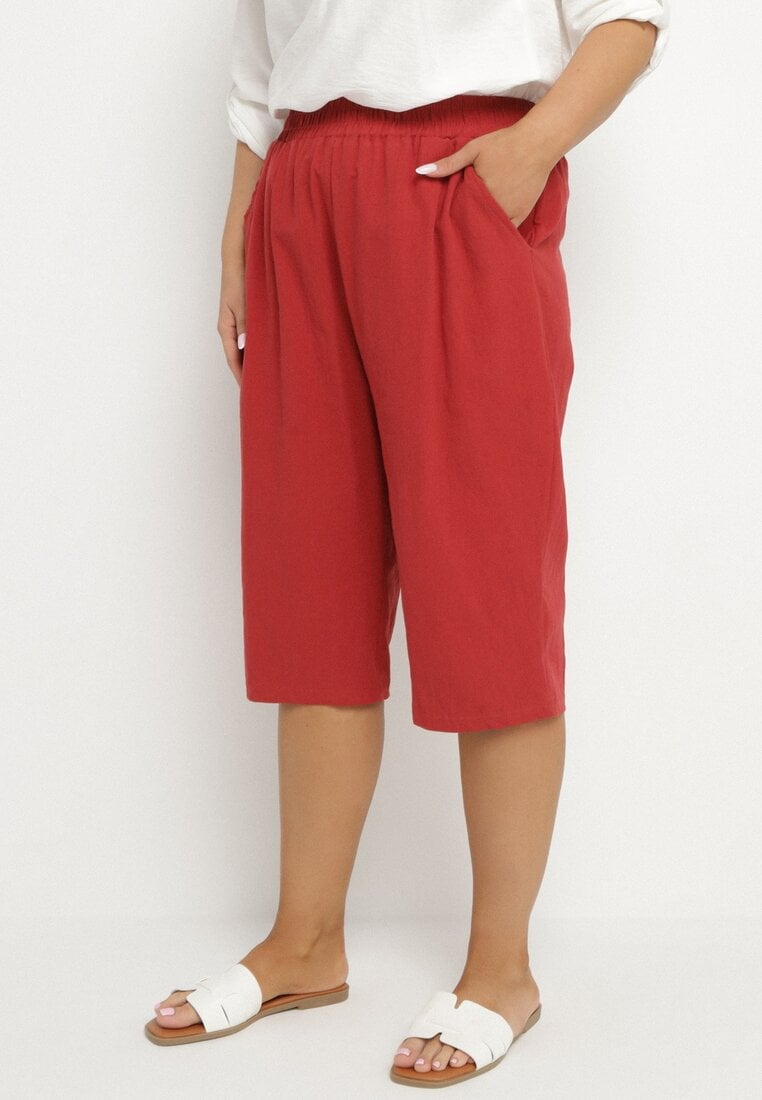 Bordowe Luźne Spodnie z Bawełny z Wysokim Stanem 3/4 Lumelle