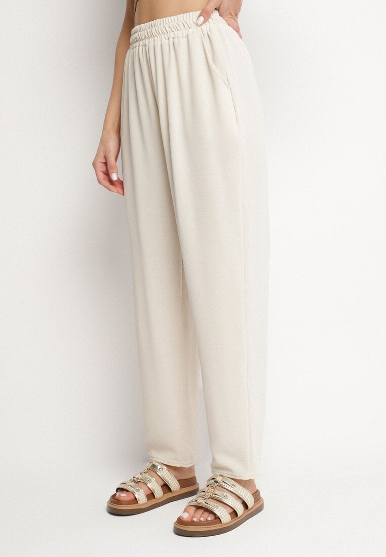 Jasnobeżowe Szerokie Spodnie z Bawełną i Wysokim Stanem Neorenna