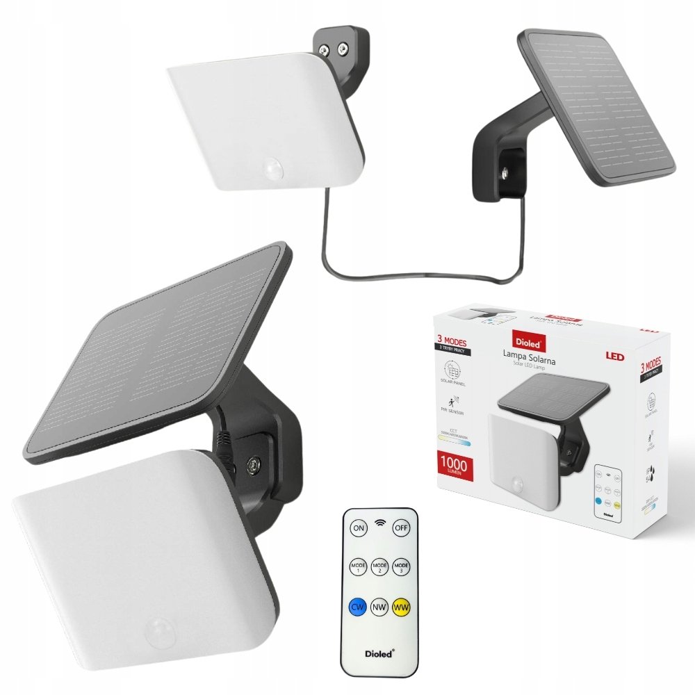 LAMPA SOLARNA LED CZUJNIK RUCHU ZMIERZCHU 1000lm CCT PILOT OGRODOWA 3 TRYBY