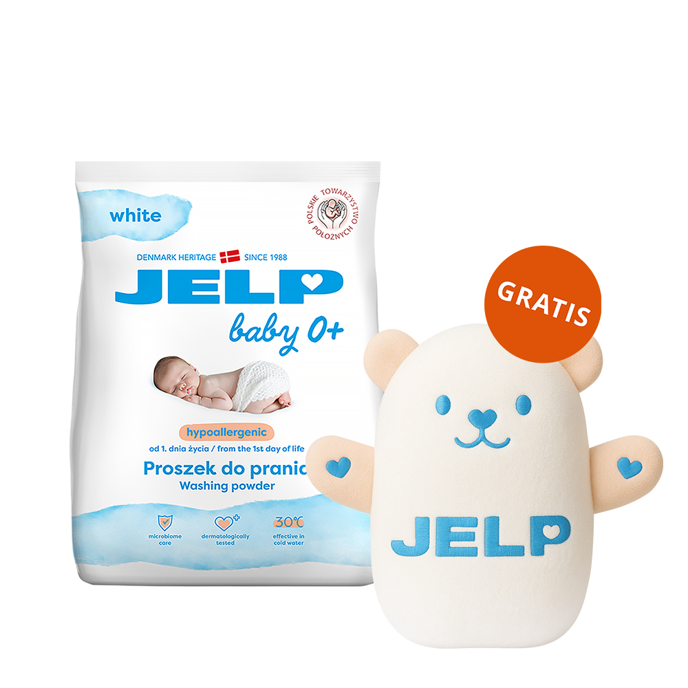 Jelp Baby 0+, hipoalergiczny proszek do prania, biel, 1,35 kg + miś gratis