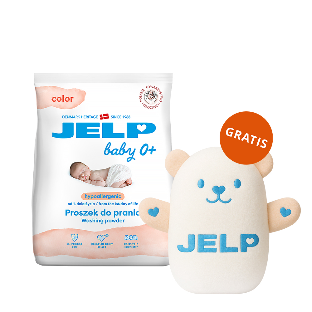 Jelp Baby 0+, hipoalergiczny proszek do prania, kolor, 1,35 kg + miś gratis