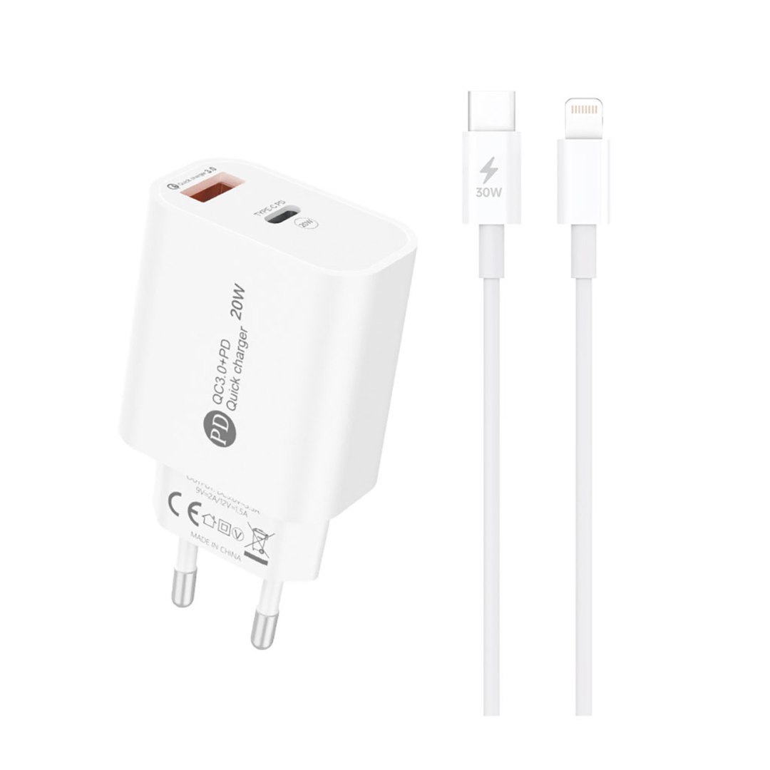Ładowarka sieciowa 20W USB-A USB-C z kablem USB-C - iPhone Lightning 1m - biała HURTEL