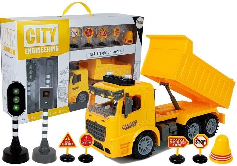 Zestaw Wywrotka 1:14 Znaki Drogowe Światła Fotoradar Żółta LEAN Toys
