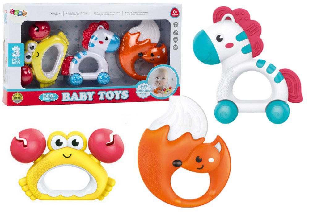 Zestaw Zabawek Dla Niemowlaka Grzechotki Gryzaczki Zebra Krab Lis 3 Szt LEAN Toys