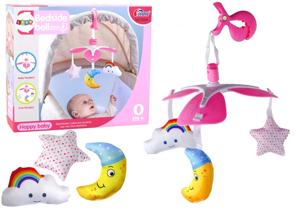 Karuzela Do Łóżeczka Na Baterie Klips Uniwersalny Pluszowe Zawieszki Różowa LEAN Toys