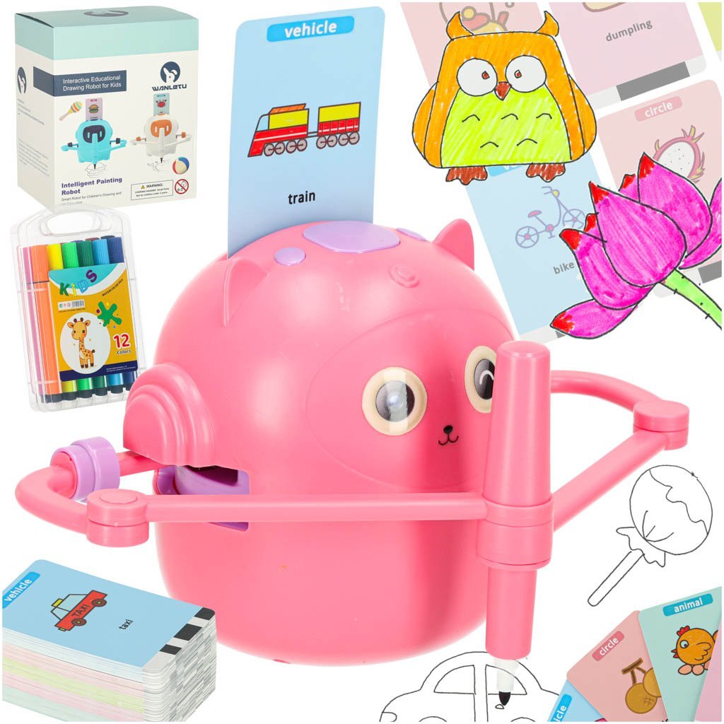 Robot edukacyjny interaktywny nauka rysowania pisania zestaw fiszki mazaki różowy Kik Sp. z o. o. Sp. k.