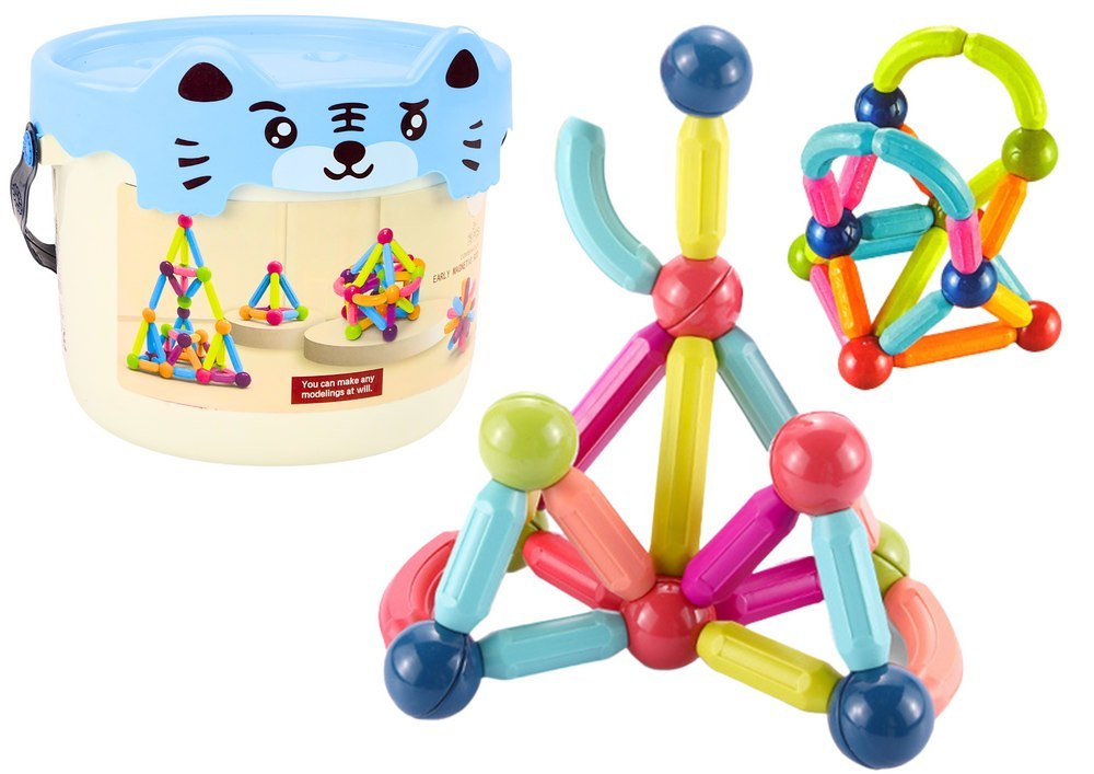 Klocki Magnetyczne W Wiaderku 78 Elementów Kotek Niebieski LEAN Toys