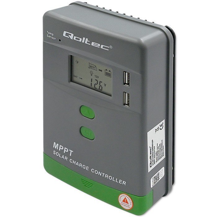 Solarny regulator ładowania MPPT z czujnikiem temperatury 20A 12V / 24V LCD 2 x USB Qoltec