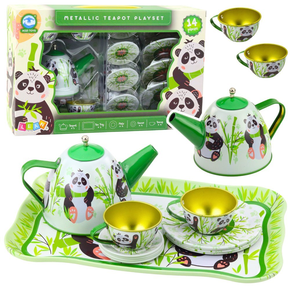 Zestaw Do Herbaty Metalowy Dzbanek Filiżanka Talerzyki Panda Zielony 14el LEAN Toys