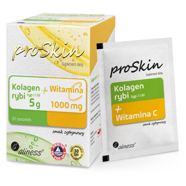 Aliness proSkin Kolagen rybi 5g+Witamina C 1000 mg Complex suplement diety cytrynowy 30 saszetek