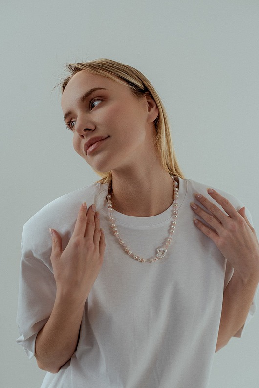 Naszyjnik z Perłą Barokową dużymi Perłami i Kwarcem Różowym