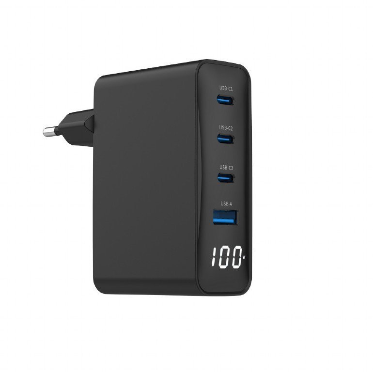 Gembird Ładowarka uniwersalna 100W GaN 1xUSB-A 3xUSB-C szybkie ładowanie LCD czarna TA-UC-PDQC100LCD-01-BK