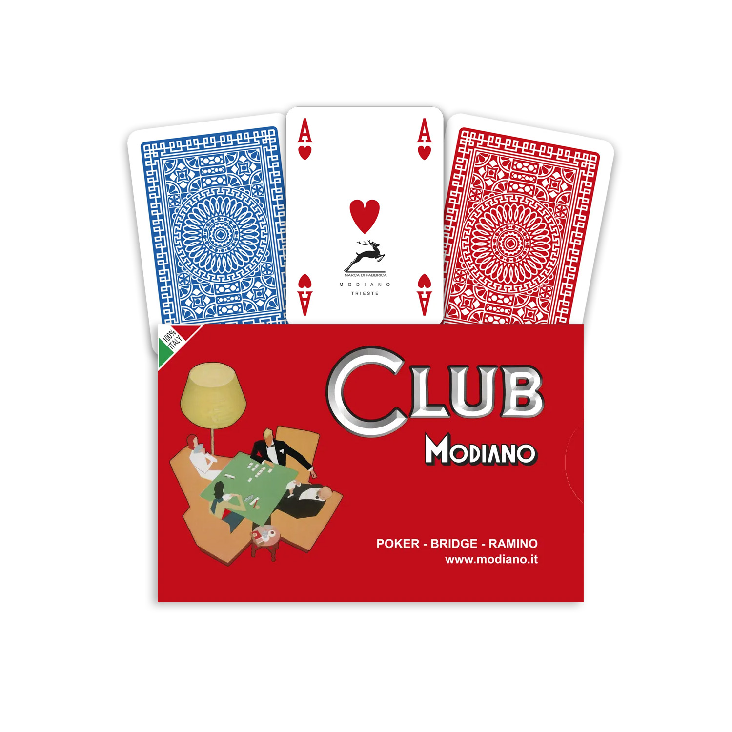 Ramino Poker Club, karty do gry mostkowe, niebieskie, czerwone Modiano - gra