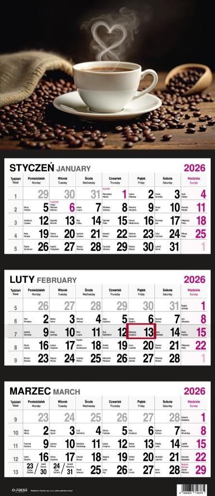 Kalendarz 2026 Trójdzielny Kawa - kalendarz