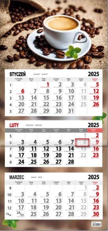 Kalendarz 2026 trójdzielny płaska główka Kawa - kalendarz