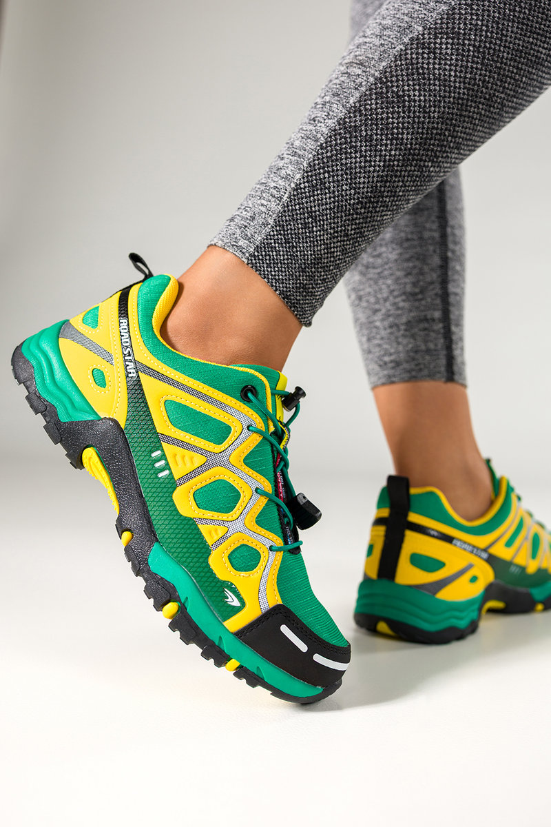 Zielone buty sportowe trekkingowe damskie na bieżnikowanej podeszwie z regulowaną elastyczną sznurówką żółte wstawki Casu 2101-4W-36