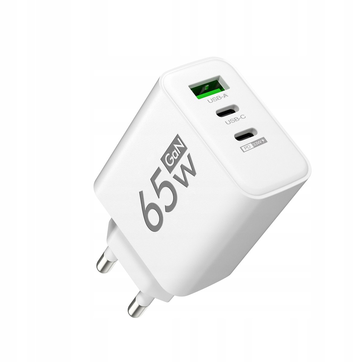 Ładowarka SIECIOWA GaN 65W TELEFONU TABLETA 1xUSB-A QC3.0, 2xUSB-C PD33W