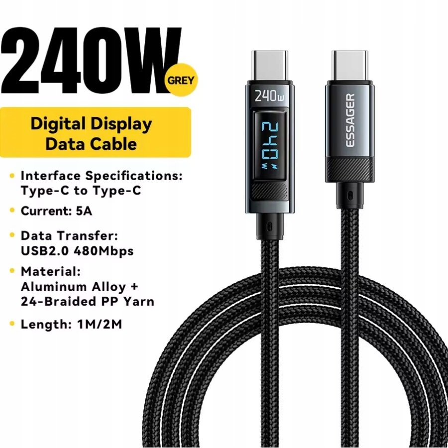 Kabel Essager USB-C do USB-C 240W 2m, 480Mb/s, Wyświetlacz LED