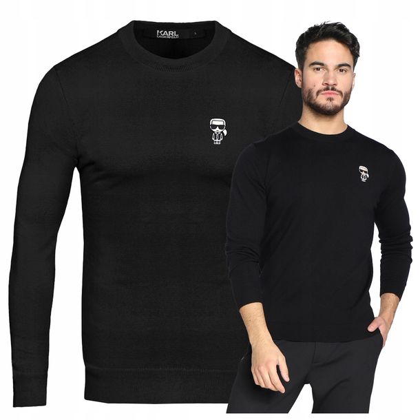 KARL LAGERFELD Sweter Męski Czarny Gładki Okrągły Dekolt Klasyczny r. XL