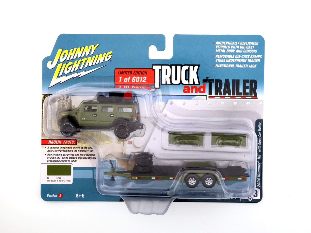 JOHNNY LIGHTNING 2004 Hummer H2 & Open Car Trailer Medium Sage Green