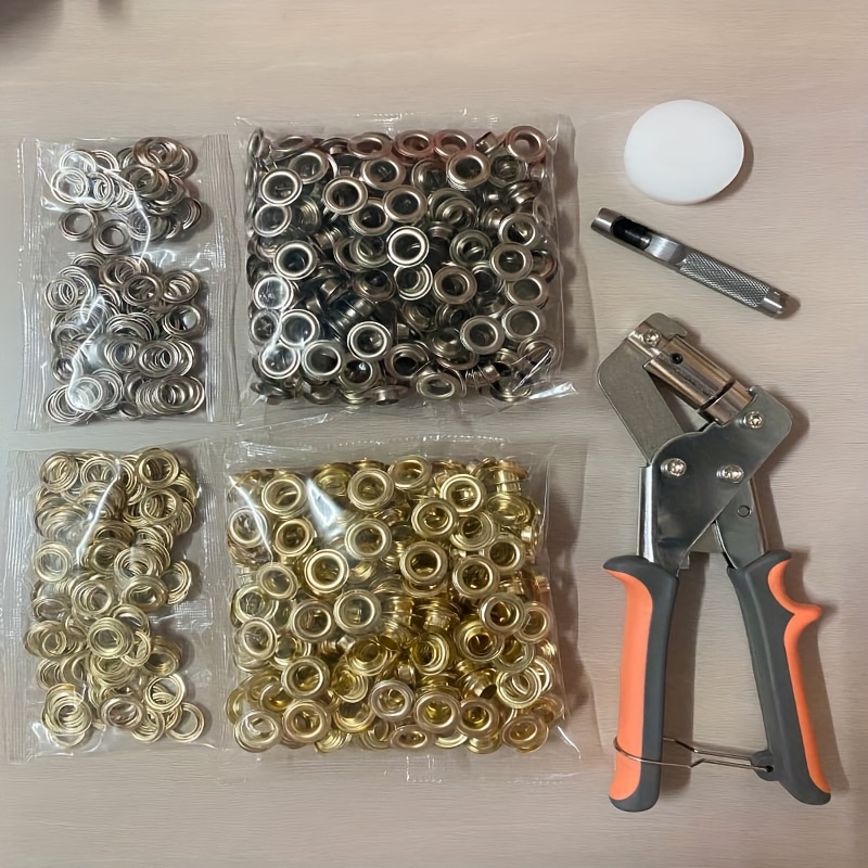TEMU Zestaw Narzędzi do Prasowania Okuć, Ręczne Szczypce z Otworem o Średnicy Wewnętrznej 3/8 Cala (10mm) i 500 Sztuk Srebrnych Okuć w Kolorze Złotym
