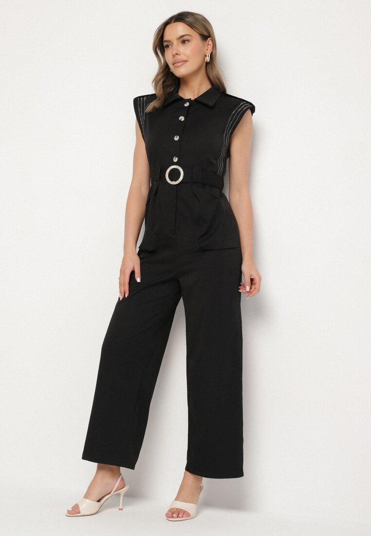 Czarny Taliowany Kombinezon z Guzikami i Cyrkoniami Lumalise