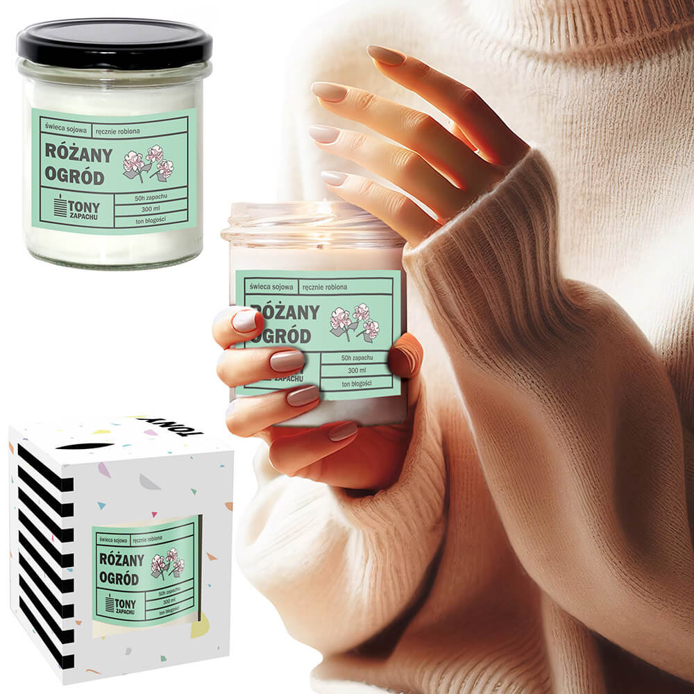 Świeca sojowa naturalna zapachowa RÓŻANY OGRÓD- najlepsza aromatyczna bezpieczna ręcznie robiona w szklanym słoiczku 300ml 50h palenia na prezent up..